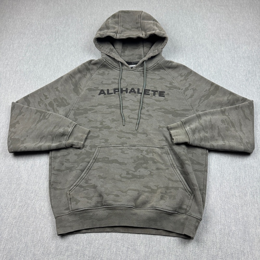 Alphalete Hoodie Mens Medium Green Camouflage‎ Fleece Sweatshirt Pullover Logo
